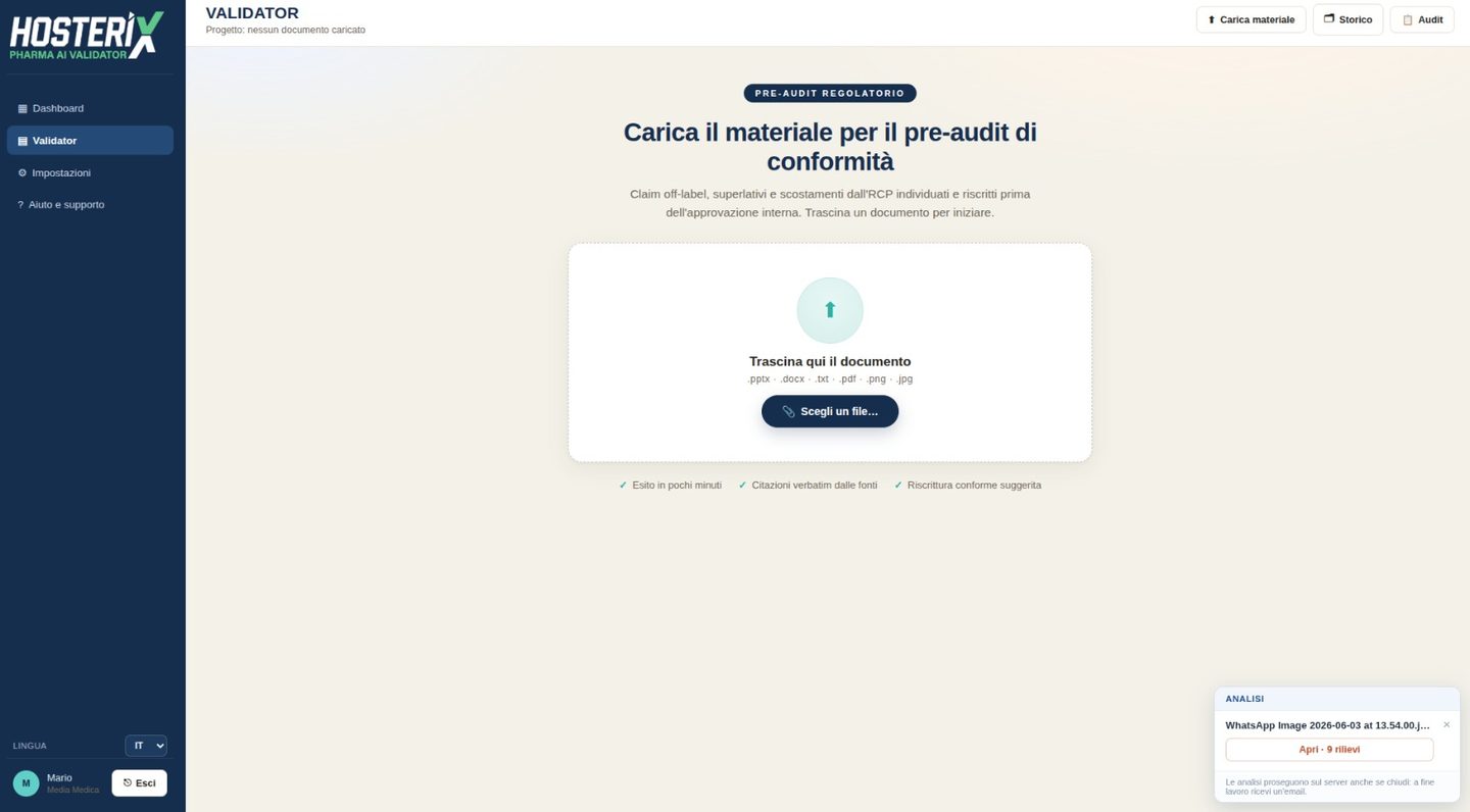 Schermata di caricamento del materiale nel Validator